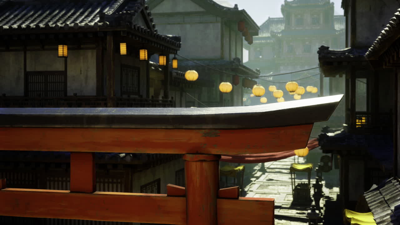 Traditional japanese street adorned with lanterns during evening hours