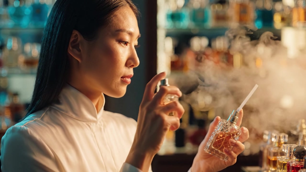 Nainen kokeilee tuoksua pitäen hajuvesipulloa kädessään, lumoutuneena aromaattisesta kokemuksesta ylellisessä hajuvesiliikkeessä.