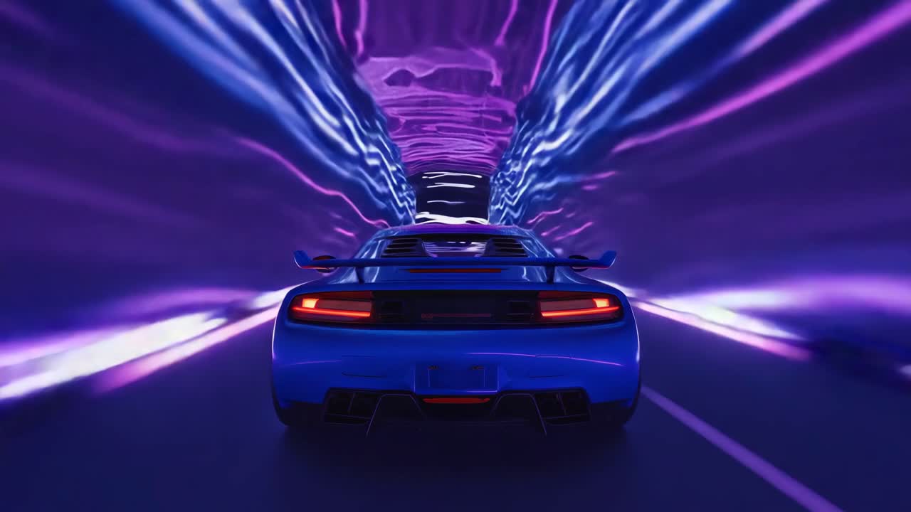Futuristic Sports Car Driving Through a Neon-Lit Tunnel