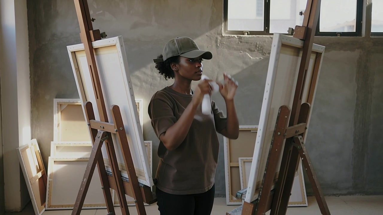 Sunlight warming brow wiping cloth adjusting baseball cap artist easels scanning canvas in studio