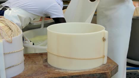 putting parmigiano parmesan cheese into the mold, manufacturer