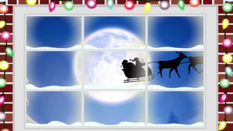 Digitale-Animation-Von-Lichterketten-Auf-Hölzernem-Ruhm-Vor-Der-Schwarzen-Silhouette-Des-Weihnachtsmanns-Im-Schlitten