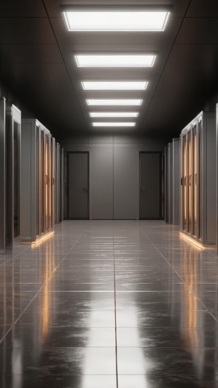 Corredor Contemporáneo con Taquillas Metálicas e Iluminación Brillante: Un Espacio Elegante para Almacenamiento y Organización
