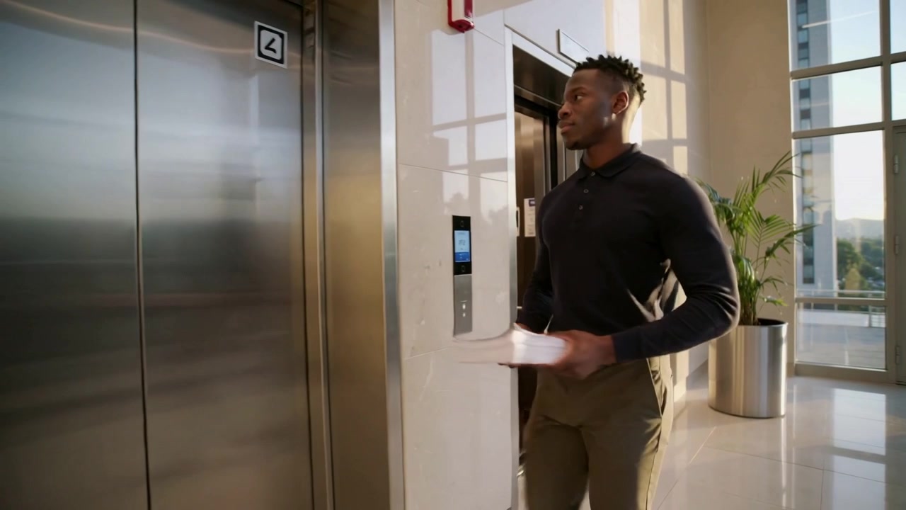 Uomo in polo, con documenti, che esce dall'ascensore, controlla il pannello nella hall dell'ufficio ed entra mentre le porte si aprono.