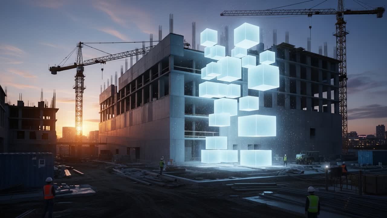 Dynamic Construction Site Showcasing Innovative Building Techniques with Floating Cubes Illuminating the Future of Architecture at Dusk