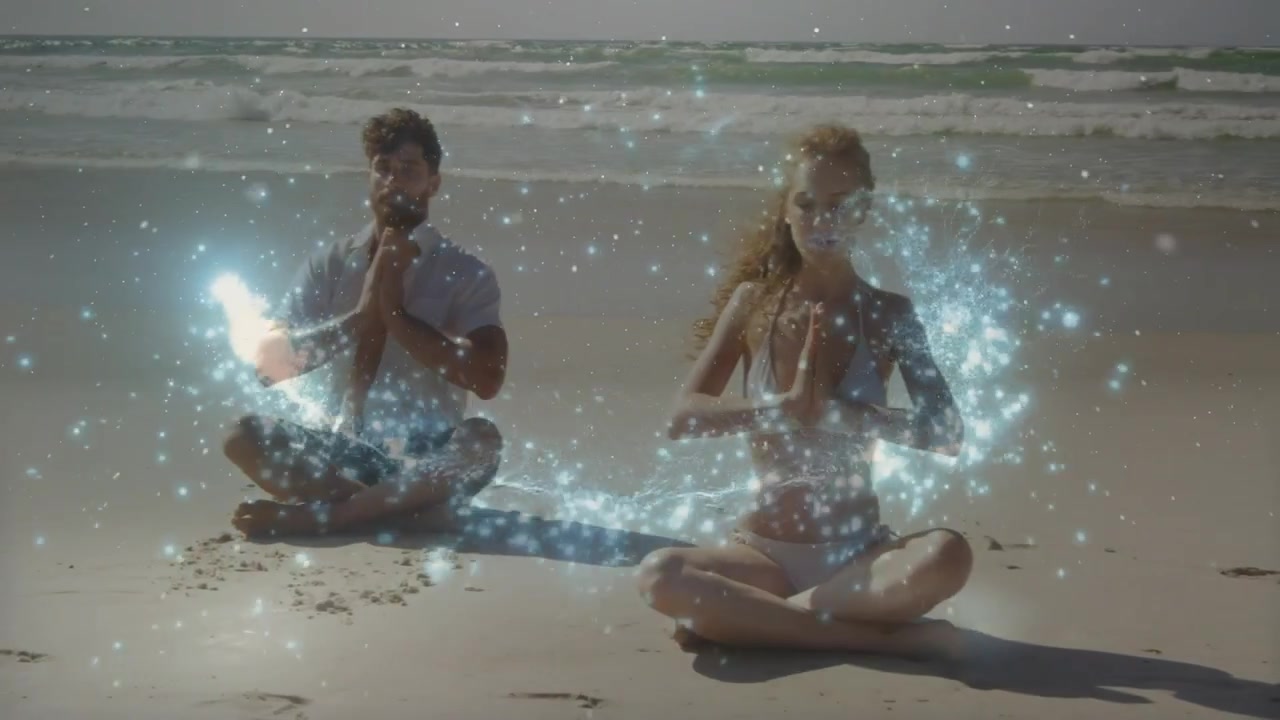 Woman initiating comet spark while duo meditating on beach, spark arc linking energy for wellness