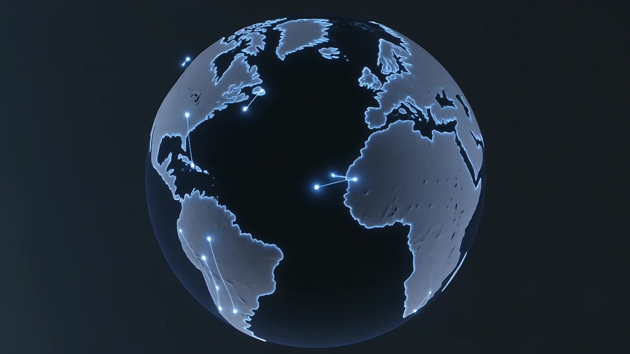 Animeret 3D-globus danner atlantisk nodenetværk for at vise forbindelse i studie, med glødende buer.