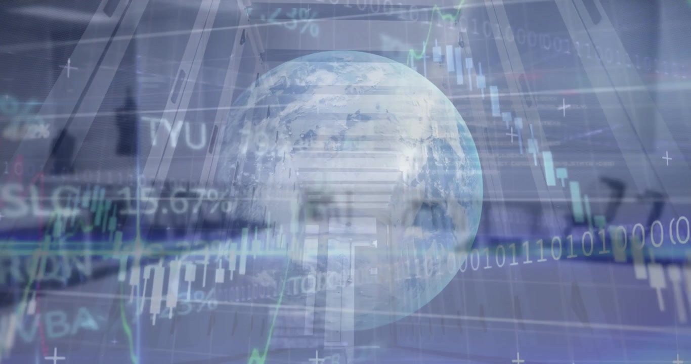 Animering av bearbetning av finansiell data och börsdata över jordglob mot en datorhall