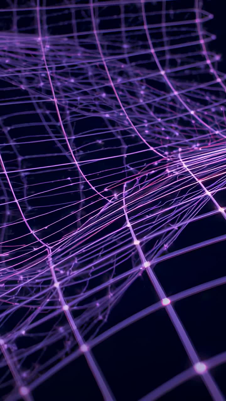 Vertical video: Sequence starting wireframe mesh rippling in dark void, pulsing nodes showing waves