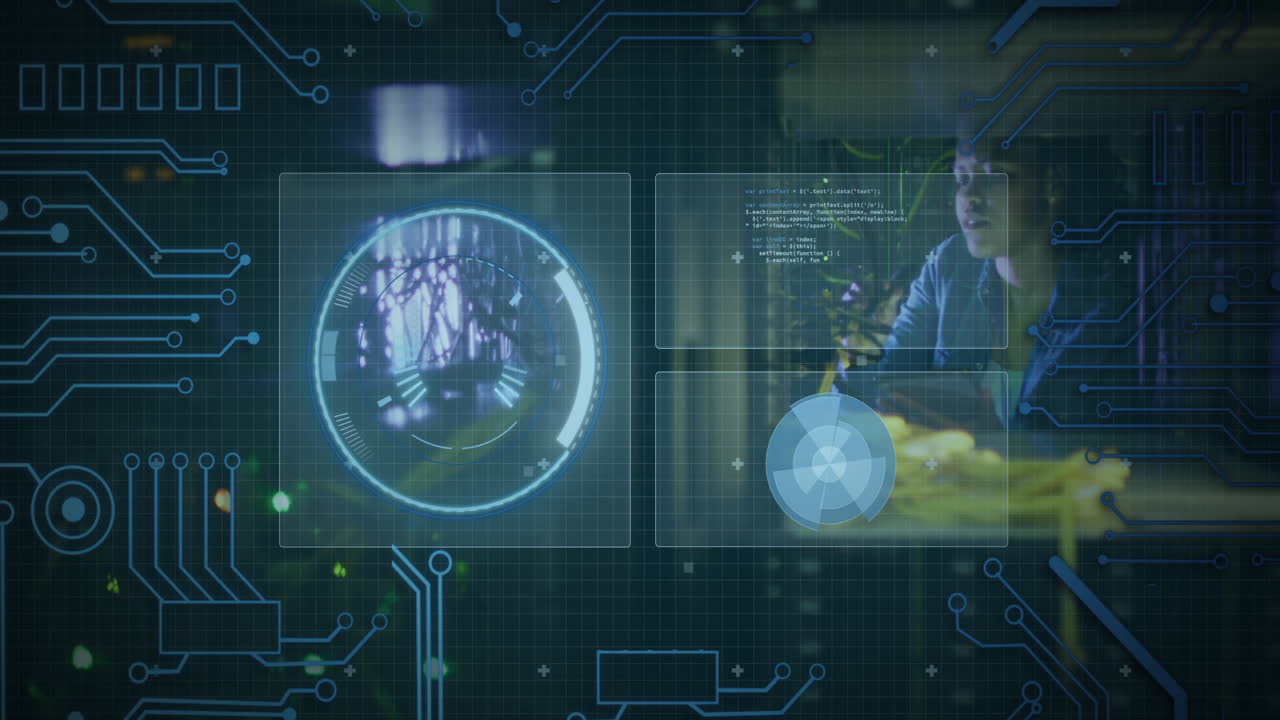 placa de circuitos y animación de procesamiento de datos sobre persona que trabaja en computadora