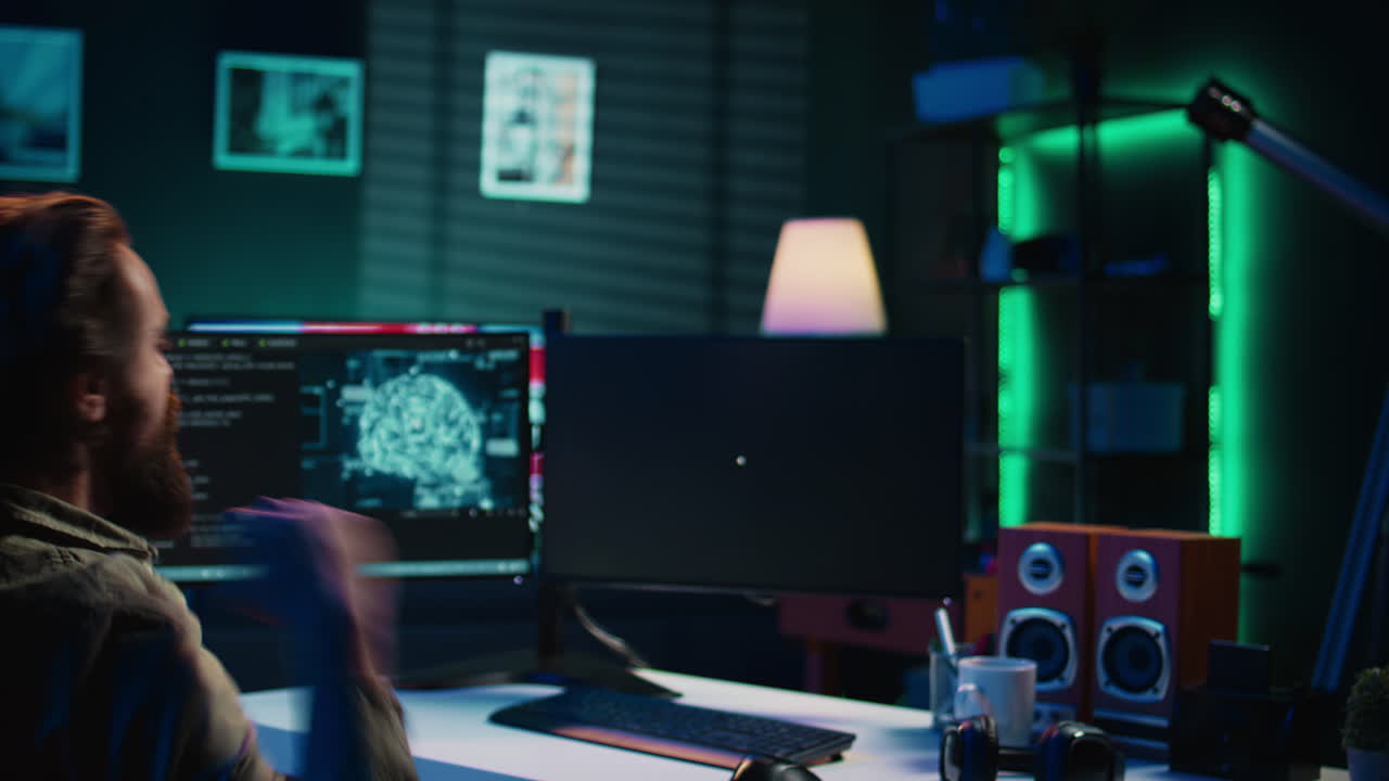 desarrollador extático perforando el escritorio en emoción después de lograr una singularidad