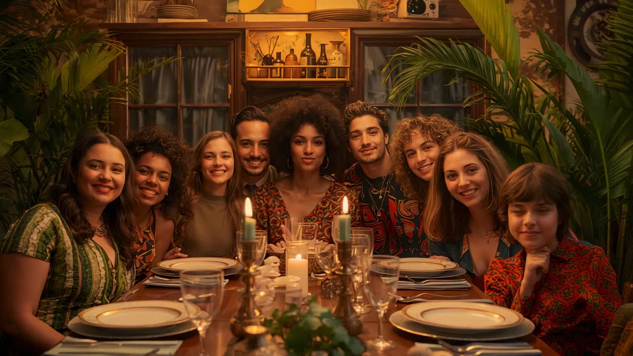 Camera pushing forward, group friends shifting expressions in dining room, highlighting candlelight