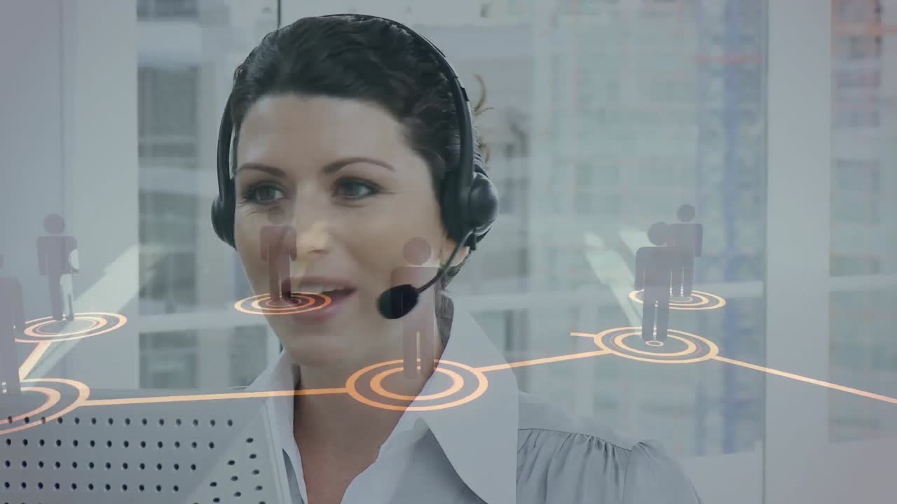animación de redes de conexiones a través de una mujer de negocios usando auriculares telefónicos