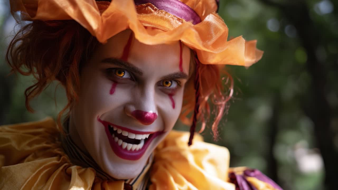 Un clown spaventoso con tratti distintivi e un sorriso accattivante cattura l'attenzione in entrambi i fotogrammi, mostrando una trasformazione unica da espressioni serie a gioiose