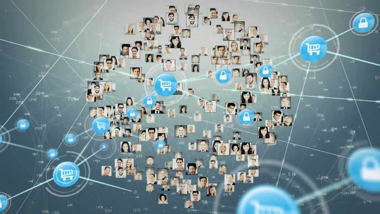 회색 배경에 아이콘과 사용자 사진으로 연결 네트워크의 애니메이션