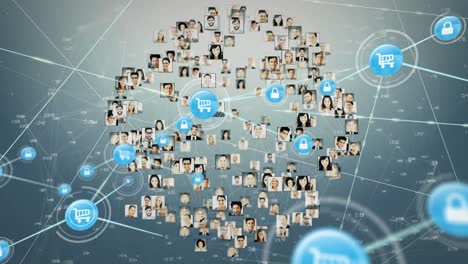 회색 배경에 아이콘과 사용자 사진으로 연결 네트워크의 애니메이션