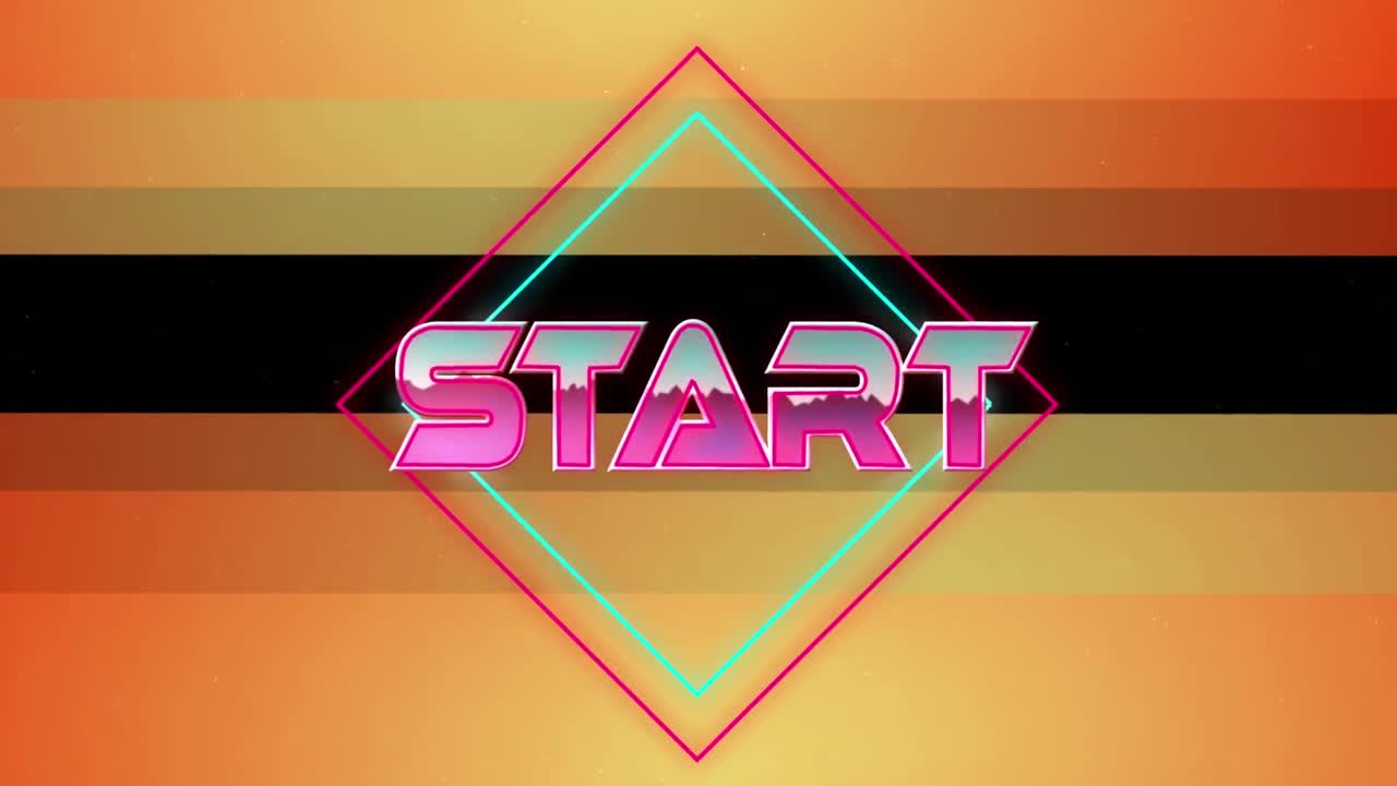 Animation of start text over light trails and orange frame on black background