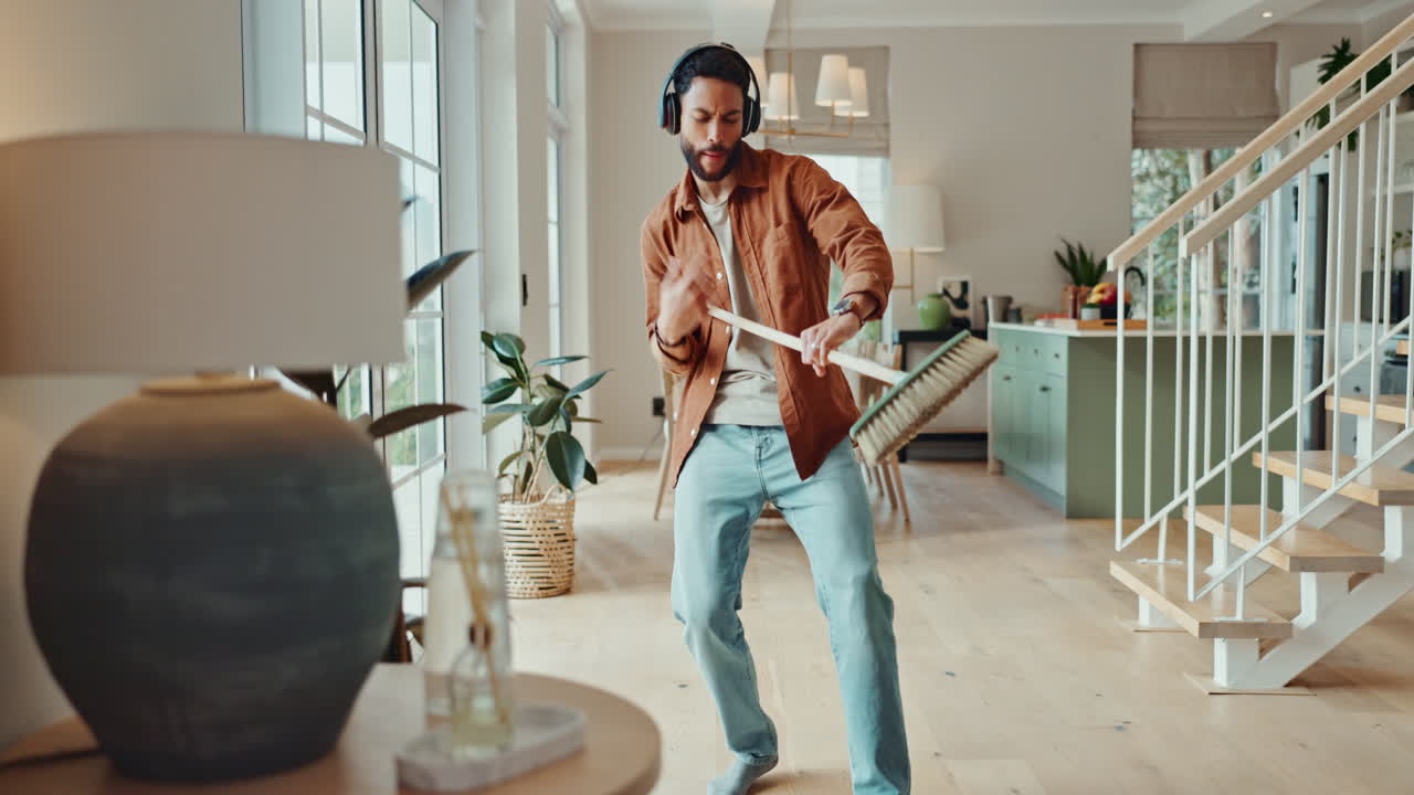 Man dancing with broom and headphones in living room
