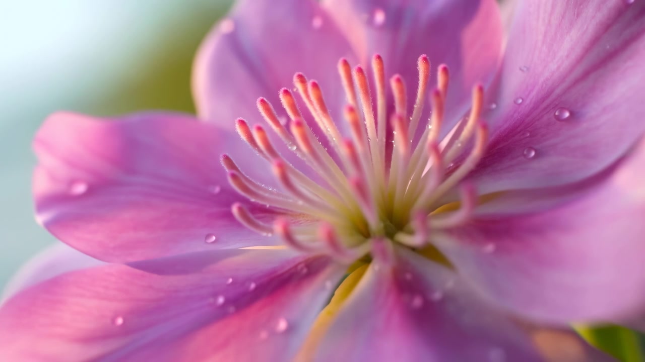 Vista macro estrema del centro di un fiore rosa con stami eretti, punte magenta, filamenti pelosi, petali traslucidi, goccioline d'acqua sparse, luce naturale soffusa e un delicato colore pastello.
