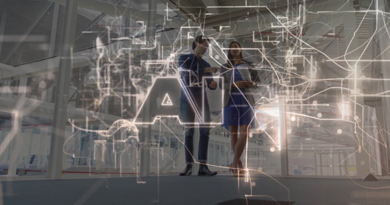 Colleagues in office, overlay appearing and projecting AI over them, consulting tablet for business