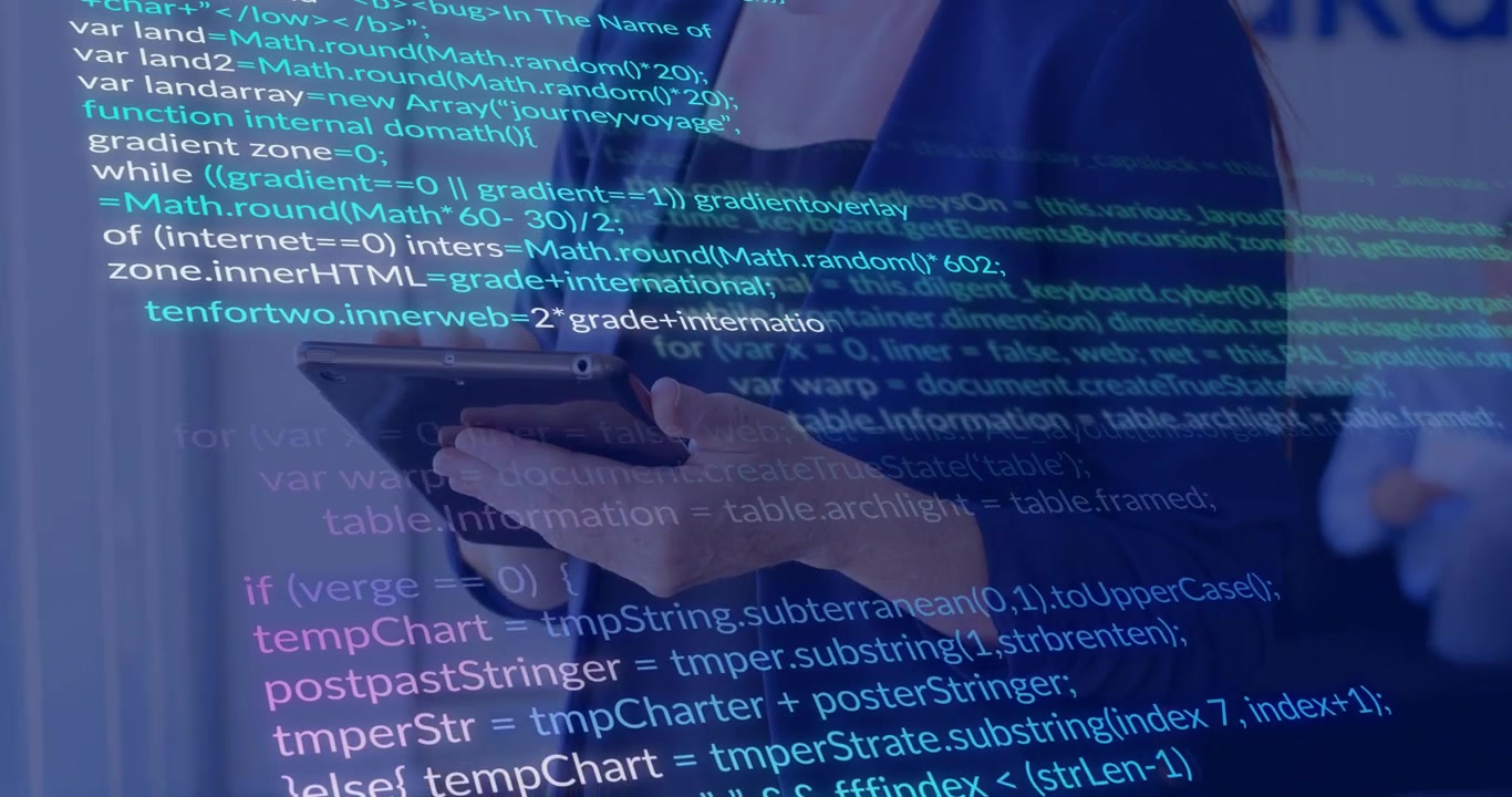 Woman tapping tablet initiating code overlay over hands as colleague with papers observing for demo