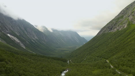 Kurvenreiche-Straße-Des-Trollstigen-Gebirgspasses-Inmitten-Des-Grünen-Waldes-In-Der-Gemeinde-Rauma,-Norwegen