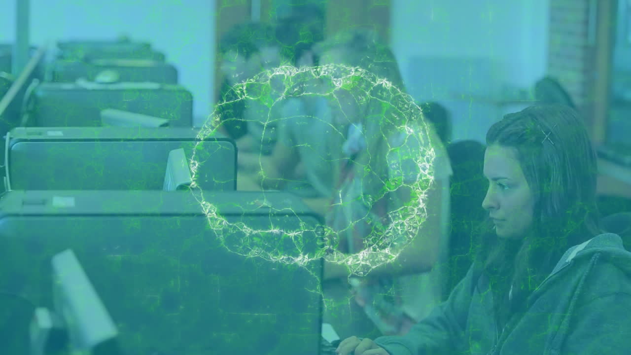 animación del cerebro girando sobre los estudiantes usando computadoras