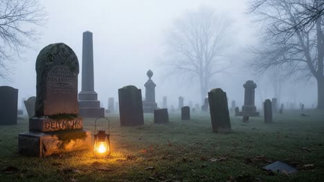 A Hauntingly Beautiful Scene of a Foggy Graveyard Illuminated by a Lantern, Capturing the Mystique of Time and Remembrance in a Serene Setting