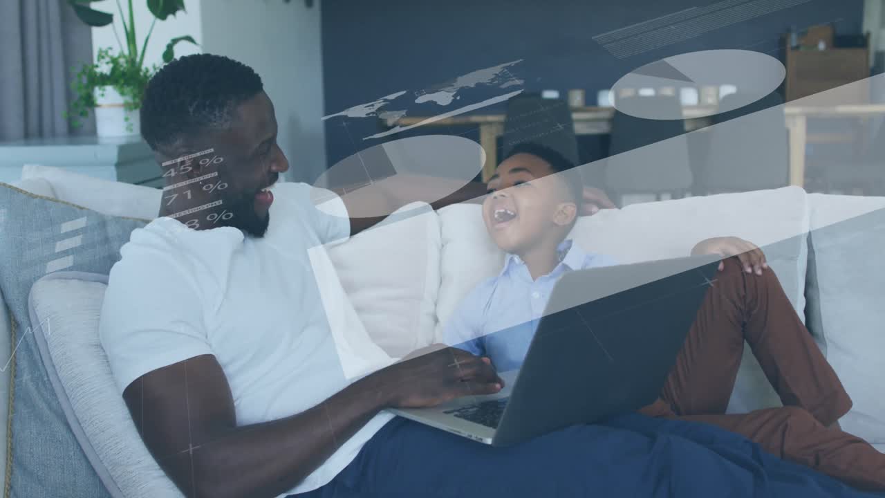 Animation of statistical data processing over african american father and son using laptop at home