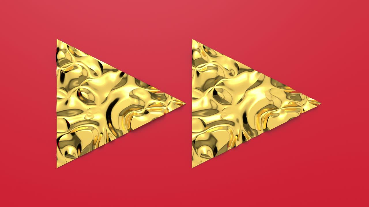 삼각형 모양의 빠른 전진 버튼의 3d 루프 애니메이션, 파동이있는 파란색 표면, 트렌디한 활기찬 텍스처, 패션 섬유, 그래픽 디자인, 애니메이션 금속 텍스처.