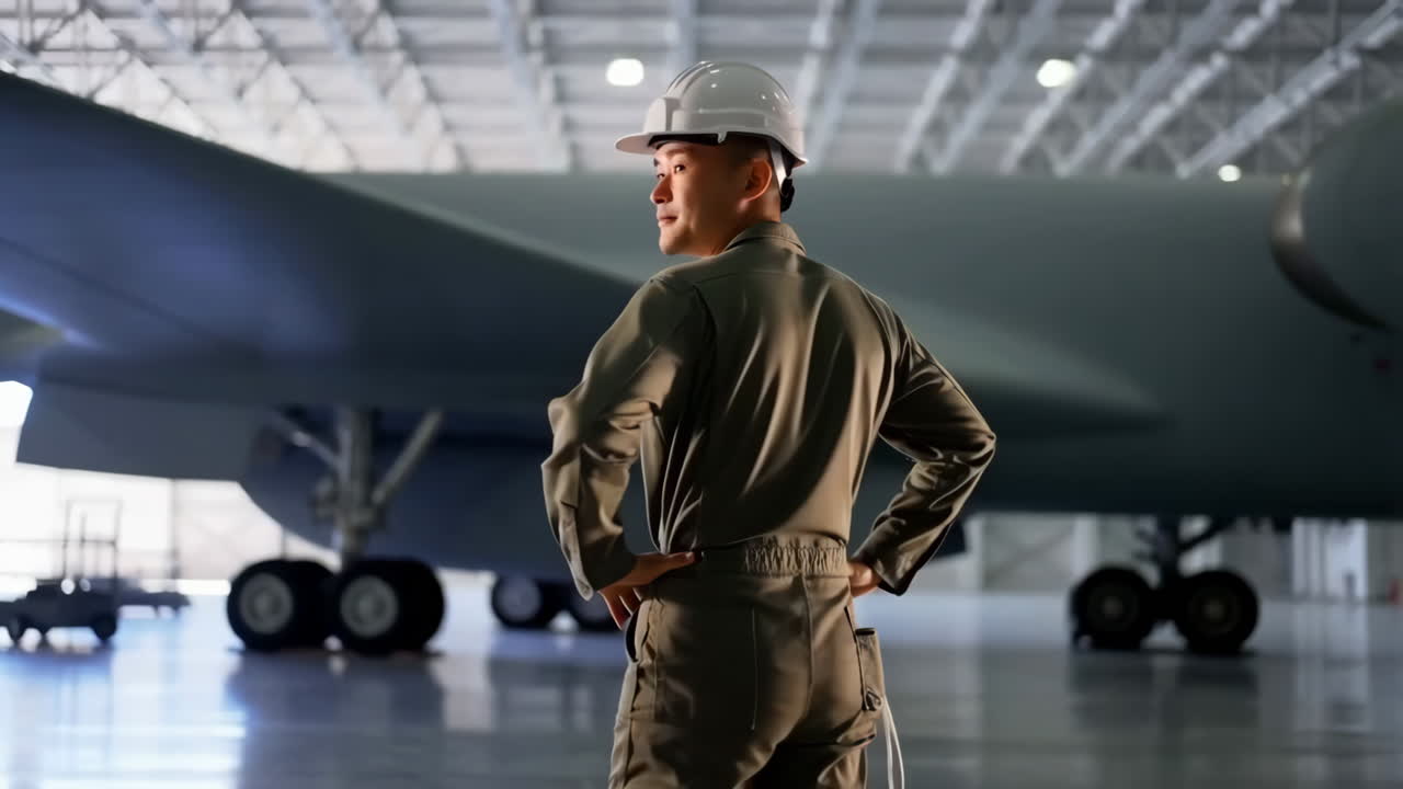 Un tecnico o un ingegnere che osserva un grande aereo in un hangar