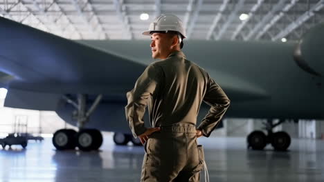 a technician or engineer looking at a large aircraft in a hangar
