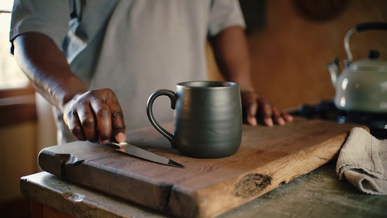 Man placing dark ceramic mug on cutting board in home kitchen with right hand, sliding knife