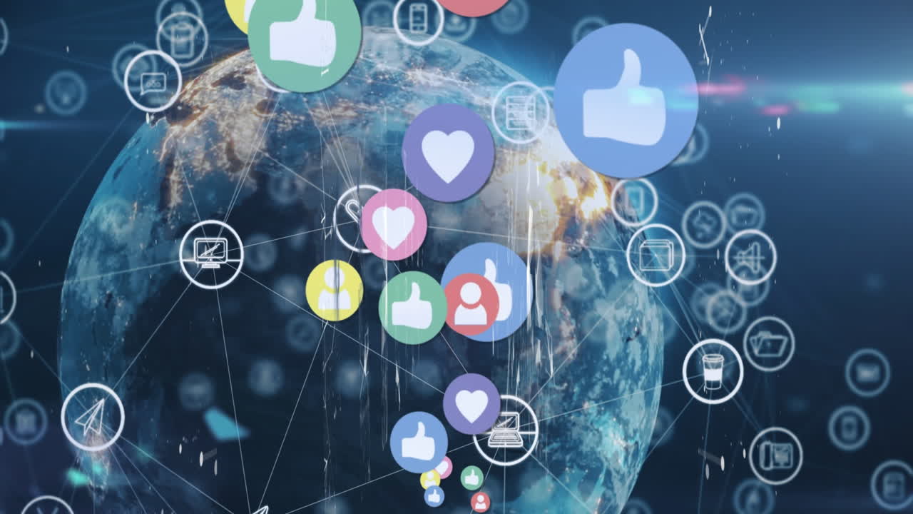 Animation of globe with network of connections with data processing and icons