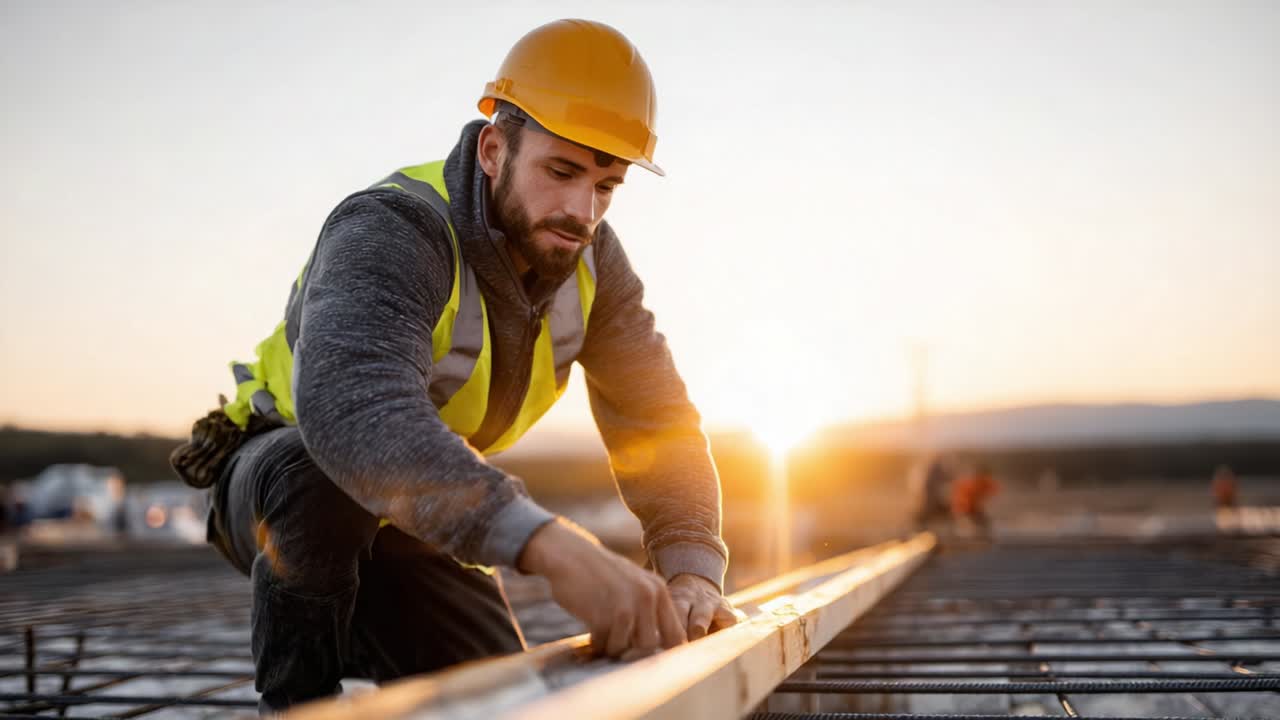Construction worker at construction site during sunset