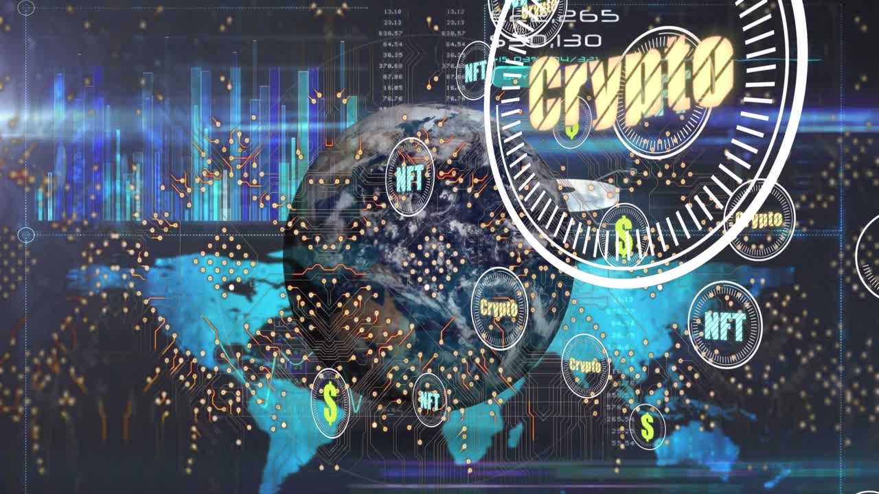 데이터 처리의 애니메이션과 파란색 배경의 지구