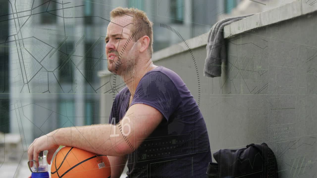 Basketball player sitting ledge holding ball bottle overlay appearing rubbing forehead for relief