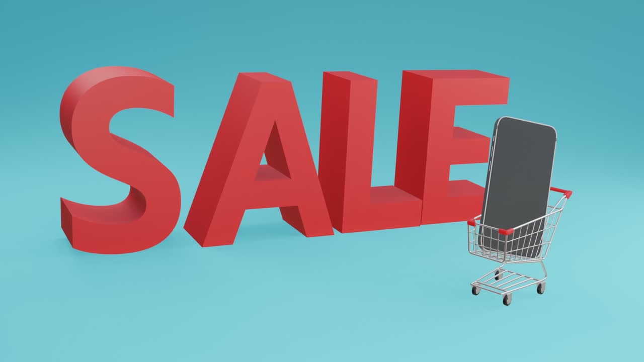 현실적인 3d 애니메이션 비디오는 쇼핑 카트가 콘셉트, 판매 및 할인 마케팅 프로모션에 쌓인 제품의 큰 드롭과 함께 장면으로 미끄러지는 것을 보여줍니다.