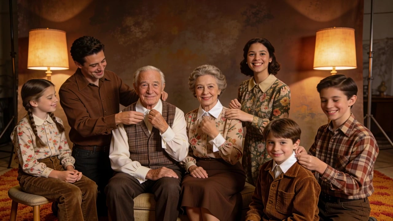 Famiglia che sistema i colletti degli anziani e aggancia le spille su indicazione del fotografo in studio con abiti retrò