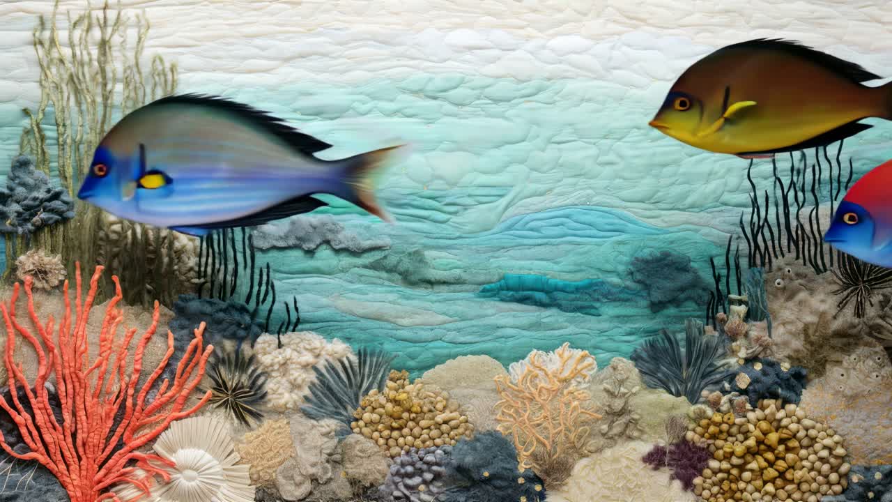 Underwater scene with coral and sea plants in a textured, quilt-like style video
