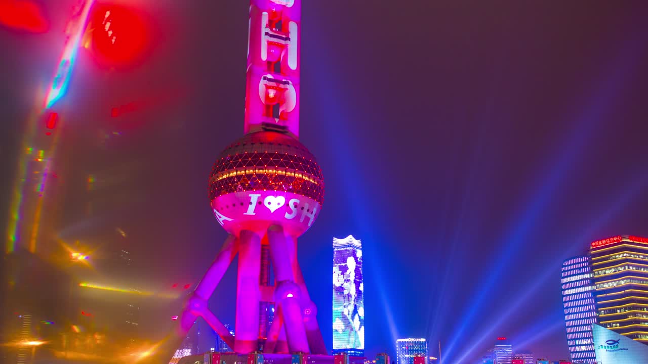 noche iluminada shanghai famosa perla torre oriental puente peatonal vista 4k lapso de tiempo china
