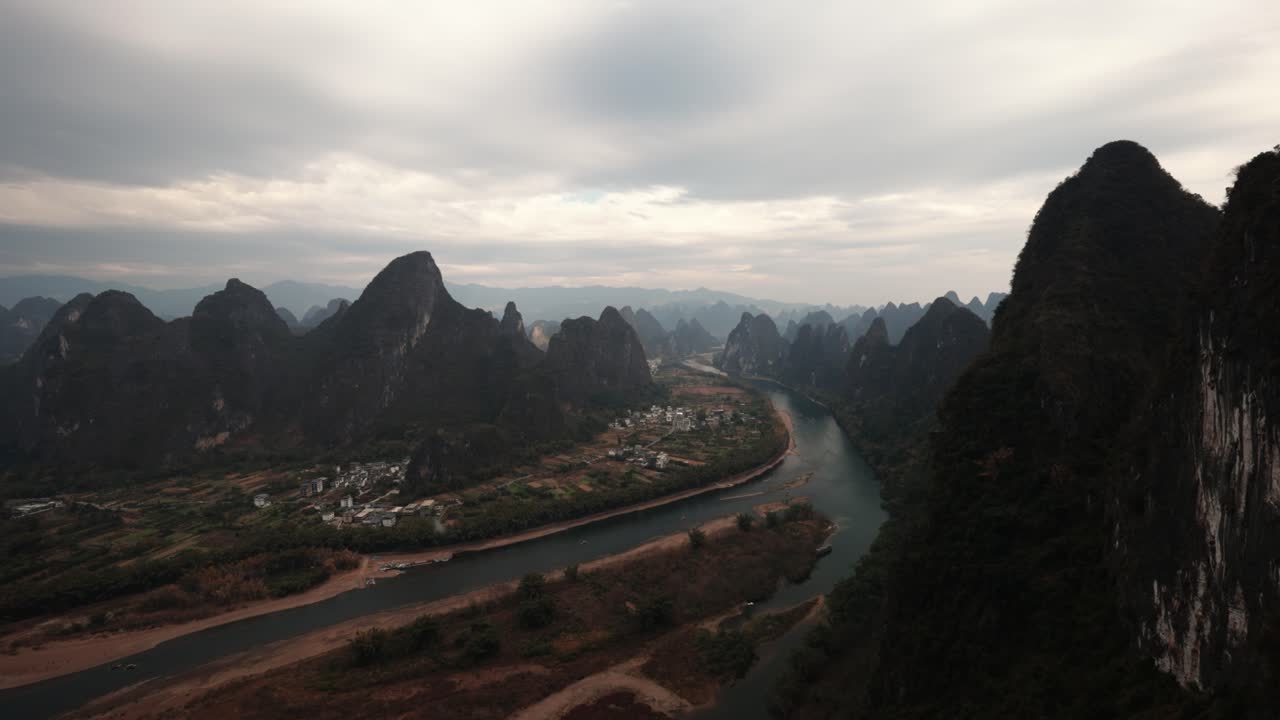 Panoramic View of Karst Mountains Li River and Rural Villages