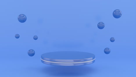 podio azul vacío con esferas. fondo azul abstracto mínimo. tema para diseño de lujo cosmético comercial. animación 3d en 4k