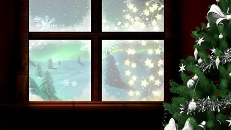 animation of window and christmas tree over fairy lights and winter landscape