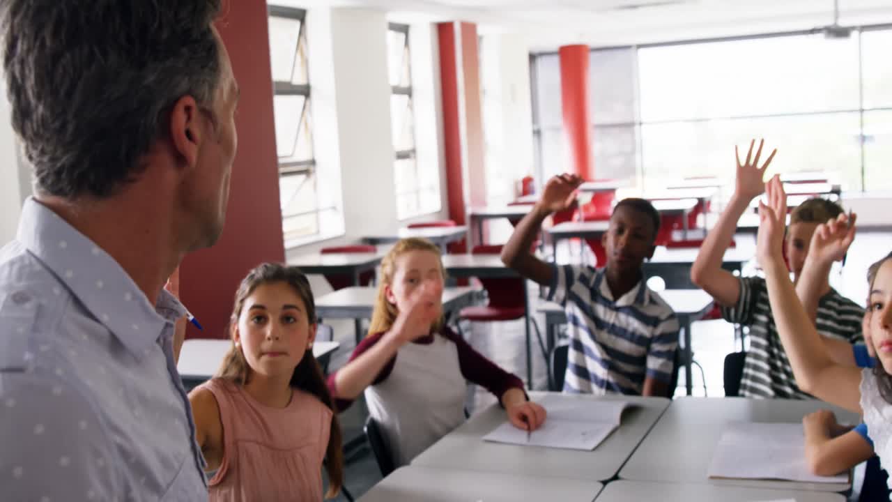 Schoolkids raising hand in classroom 4k