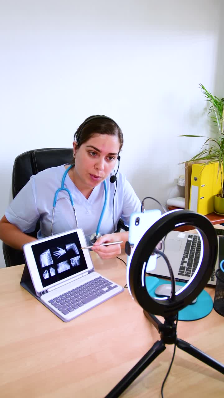 Healthcare online. Doctor traumatologist examines x-ray and legs.