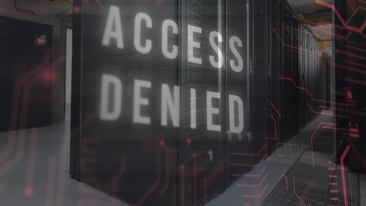 Animation of access denied text over data processing and computer motherboard and servers