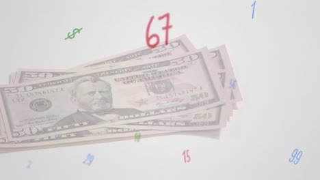 Digital-composition-of-multiple-numbers-and-symbols-floating-against-person-counting-american-dollar