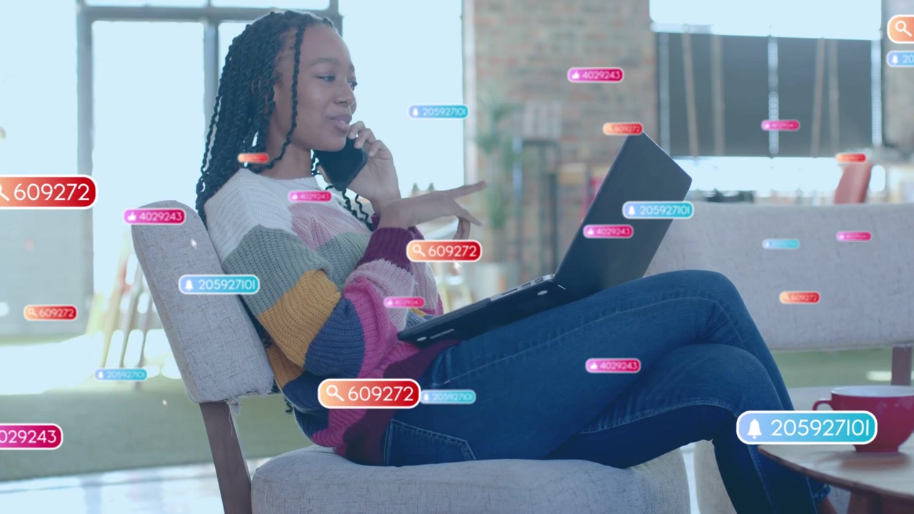 Incoming floating notifications, woman holding phone and typing on laptop, managing remote work