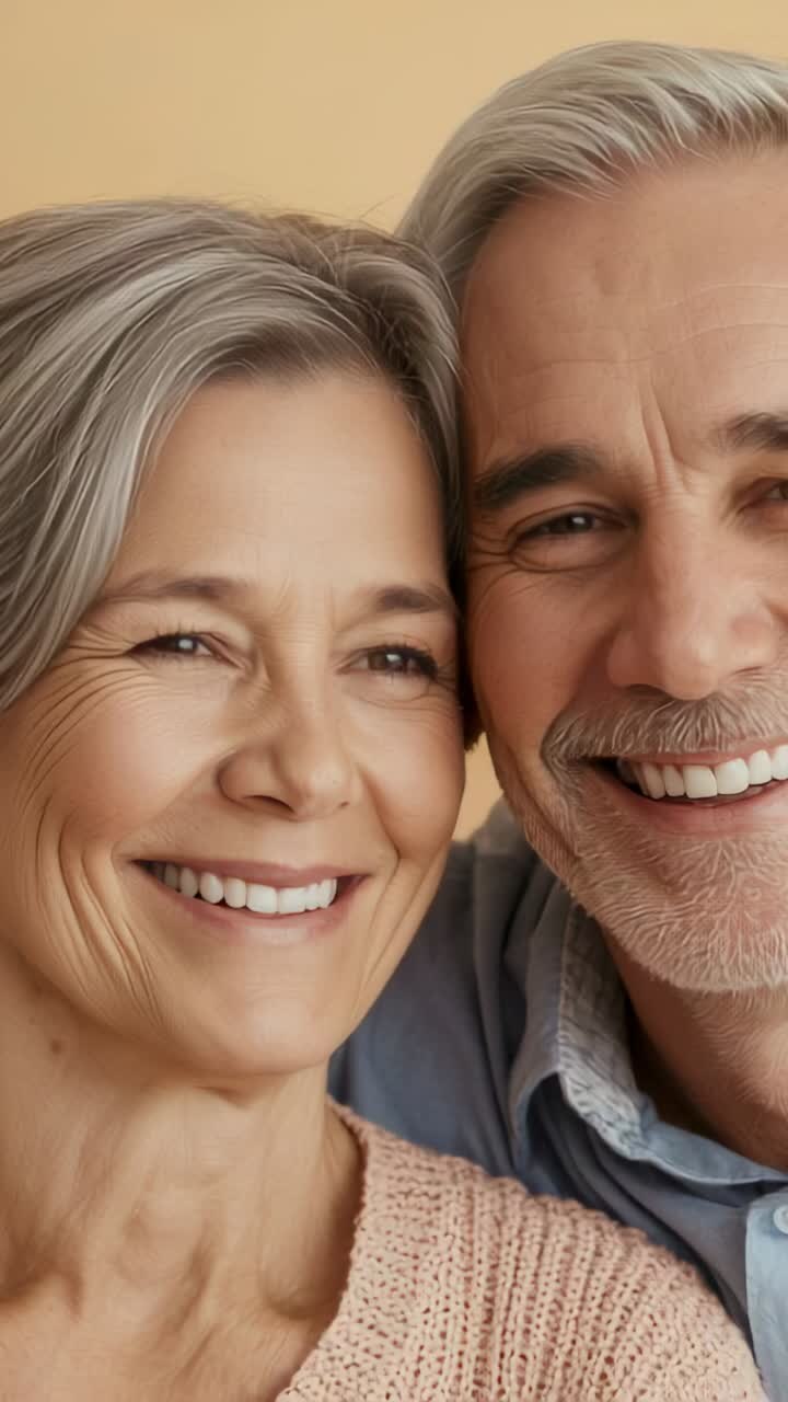 Vertical video: Resting head on man, couple smiling, leaning in at home in pink knit, blue shirt